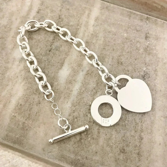 925 Sterling Silver Bead Heart Toggle Bracelet Chunky Thick Bold Link Bracelet - Picture 3 of 3